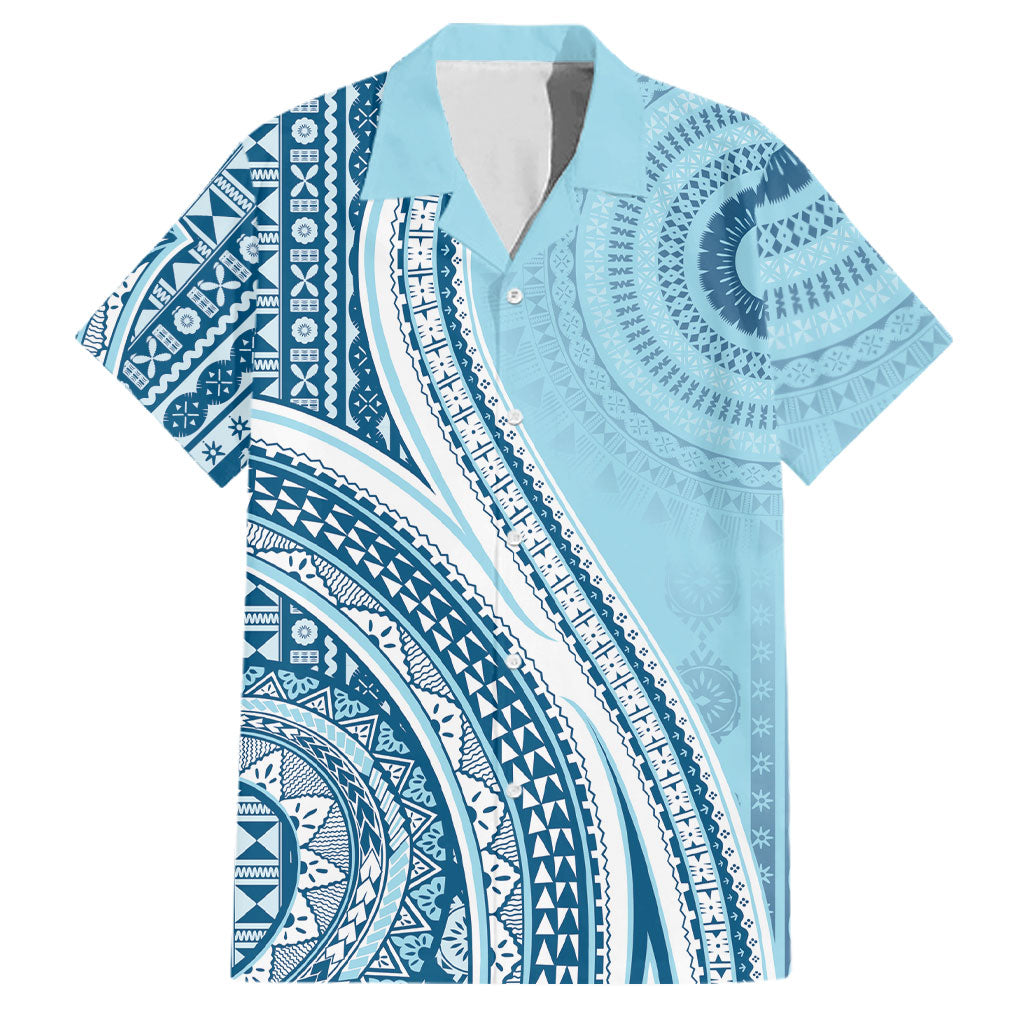 Bula Fiji Vintage Tapa Family Matching Puletasi and Hawaiian Shirt Kaivity Masi Wave Motifs - Turquoise LT7 Dad's Shirt - Short Sleeve Turquoise - Polynesian Pride