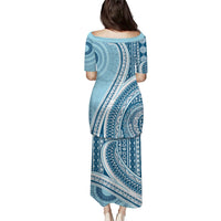 Bula Fiji Vintage Tapa Family Matching Puletasi and Hawaiian Shirt Kaivity Masi Wave Motifs - Turquoise LT7 - Polynesian Pride