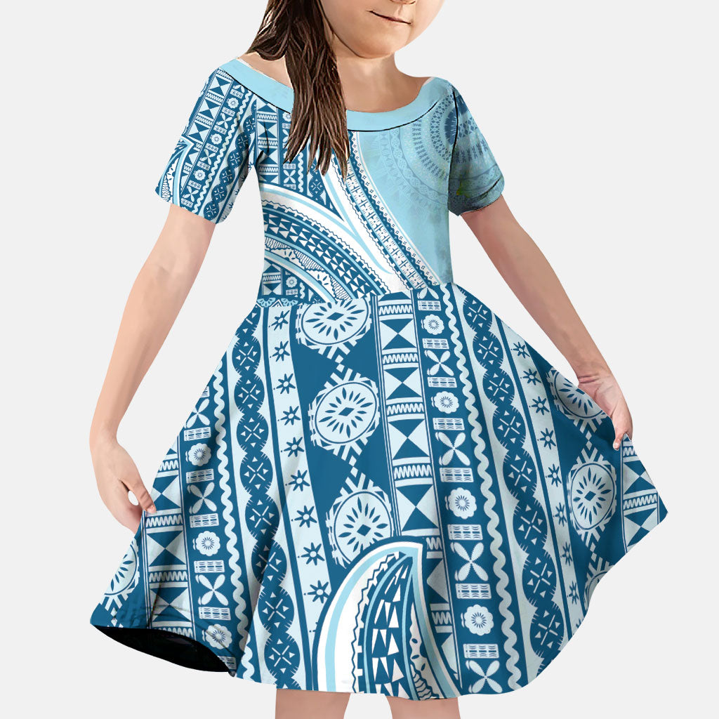 Bula Fiji Vintage Tapa Family Matching Summer Maxi Dress and Hawaiian Shirt Kaivity Masi Wave Motifs - Turquoise LT7 Daughter's Dress Turquoise - Polynesian Pride