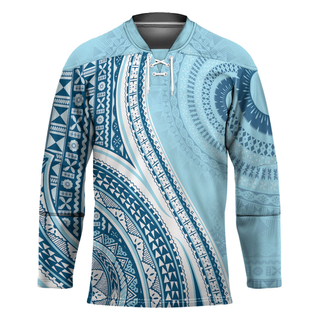 Bula Fiji Vintage Tapa Hockey Jersey Kaivity Masi Wave Motifs - Turquoise