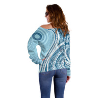 Bula Fiji Vintage Tapa Off Shoulder Sweater Kaivity Masi Wave Motifs - Turquoise
