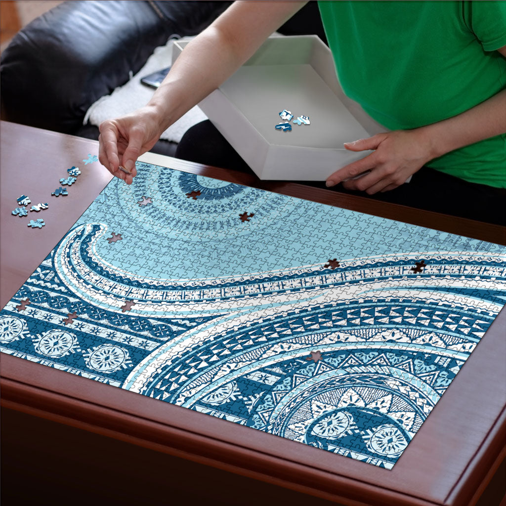 Bula Fiji Vintage Tapa Puzzle Kaivity Masi Wave Motifs - Turquoise