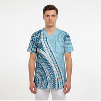 Bula Fiji Vintage Tapa Scrub Top Kaivity Masi Wave Motifs - Turquoise
