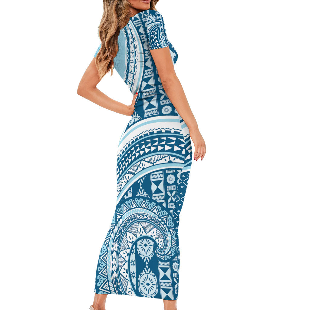 Bula Fiji Vintage Tapa Short Sleeve Bodycon Dress Kaivity Masi Wave Motifs - Turquoise