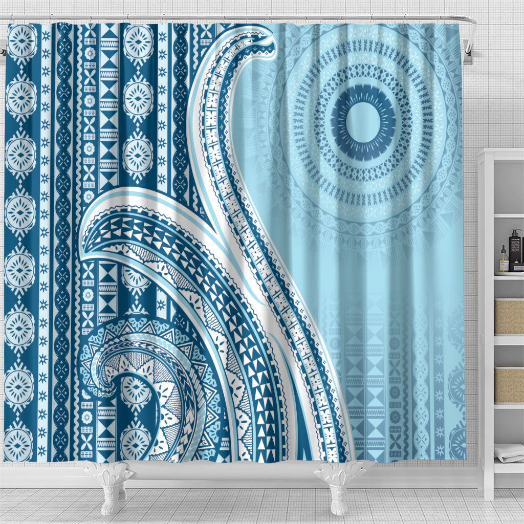 Bula Fiji Vintage Tapa Shower Curtain Kaivity Masi Wave Motifs - Turquoise