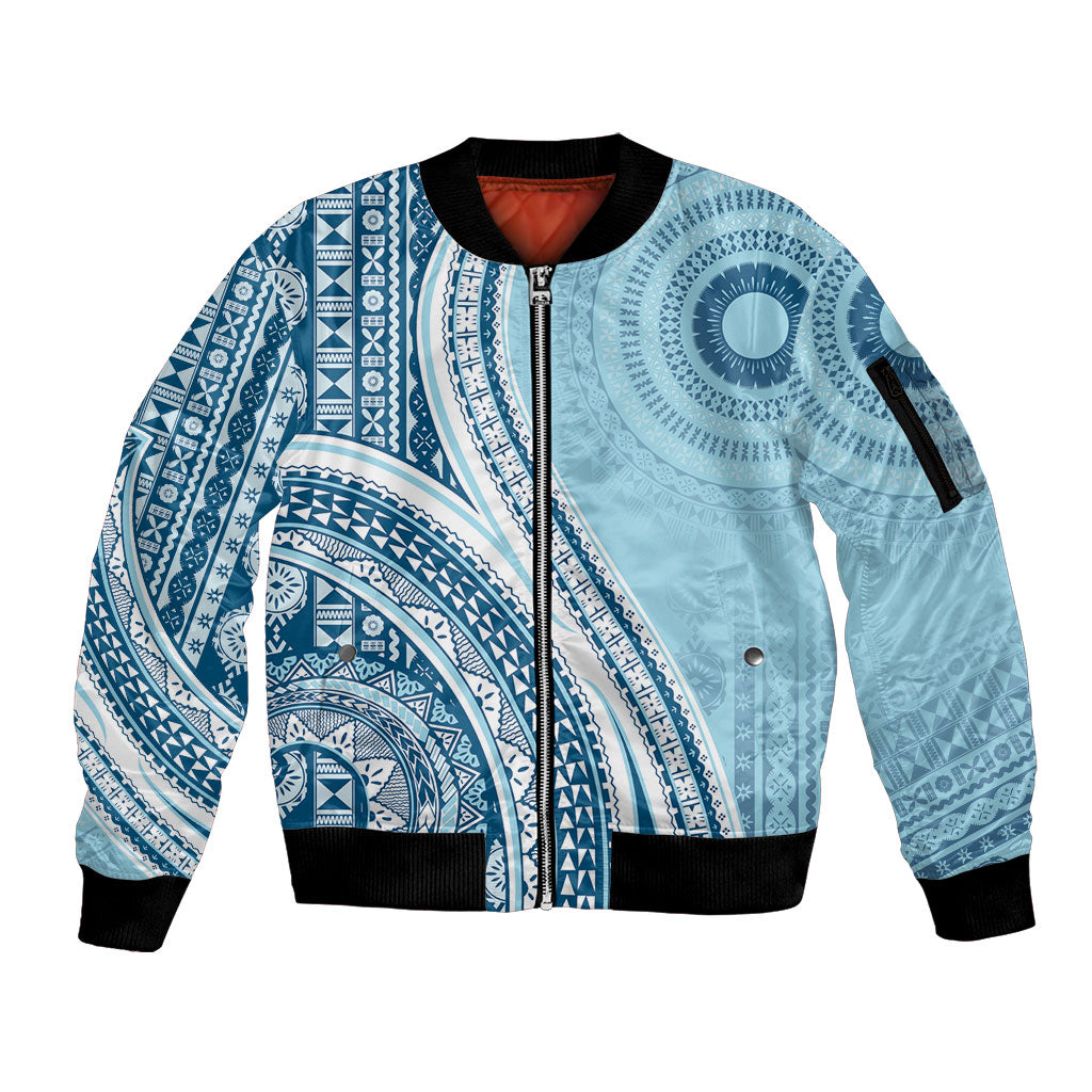 Bula Fiji Vintage Tapa Sleeve Zip Bomber Jacket Kaivity Masi Wave Motifs - Turquoise