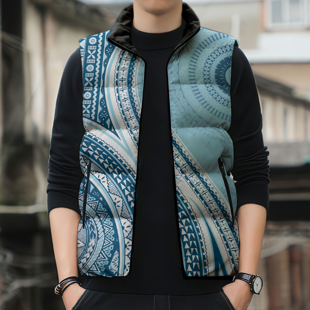 Bula Fiji Vintage Tapa Sleeveless Puffer Jacket Kaivity Masi Wave Motifs - Turquoise