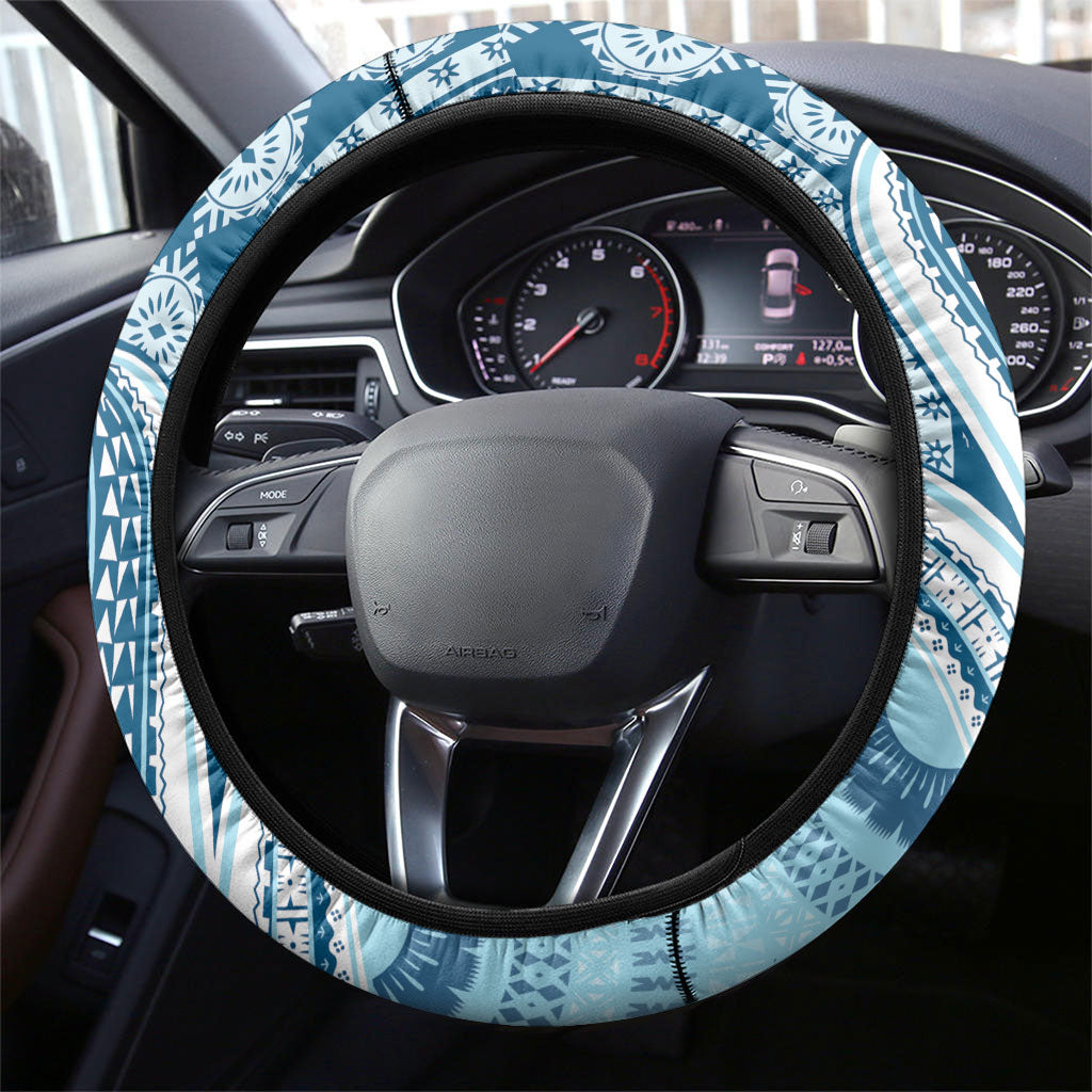 Bula Fiji Vintage Tapa Steering Wheel Cover Kaivity Masi Wave Motifs - Turquoise