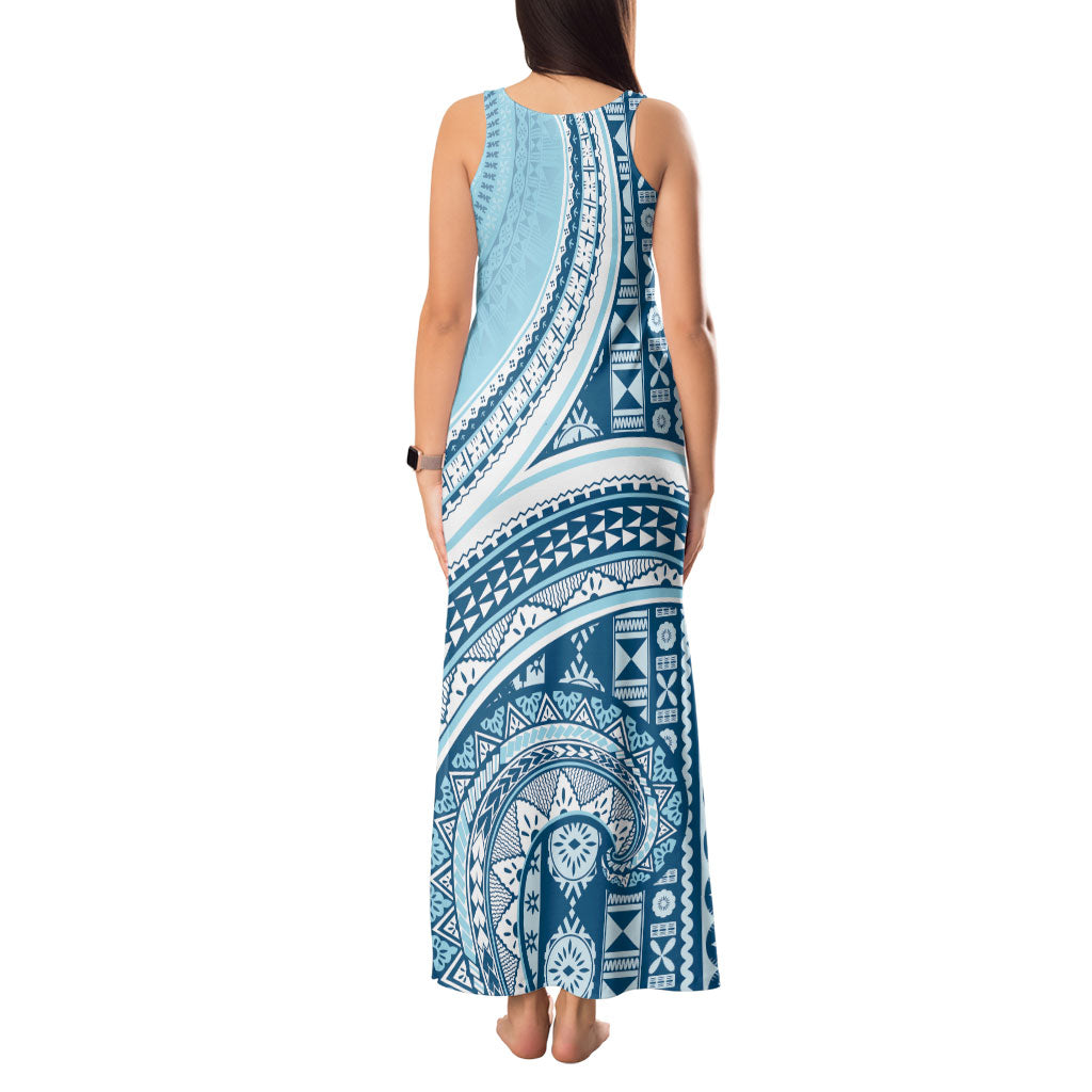 Bula Fiji Vintage Tapa Tank Maxi Dress Kaivity Masi Wave Motifs - Turquoise