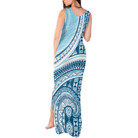 Bula Fiji Vintage Tapa Tank Maxi Dress Kaivity Masi Wave Motifs - Turquoise