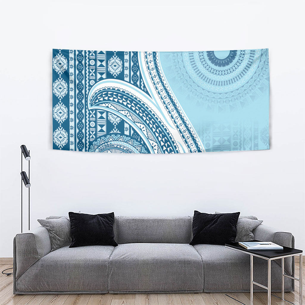 Bula Fiji Vintage Tapa Tapestry Kaivity Masi Wave Motifs - Turquoise