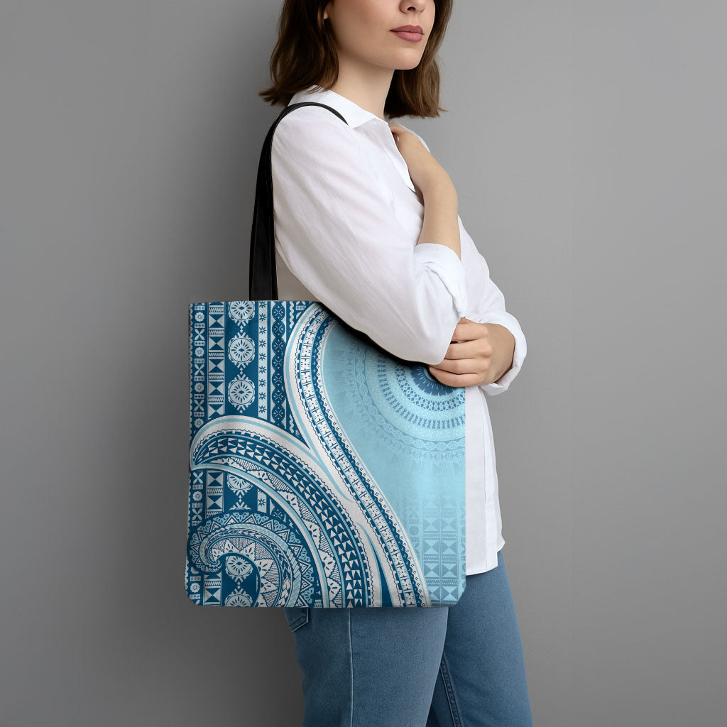 Bula Fiji Vintage Tapa Tote Bag Kaivity Masi Wave Motifs - Turquoise