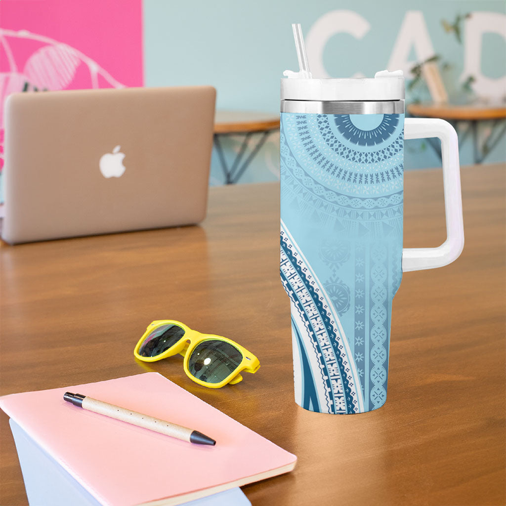 Bula Fiji Vintage Tapa Tumbler With Handle Kaivity Masi Wave Motifs - Turquoise