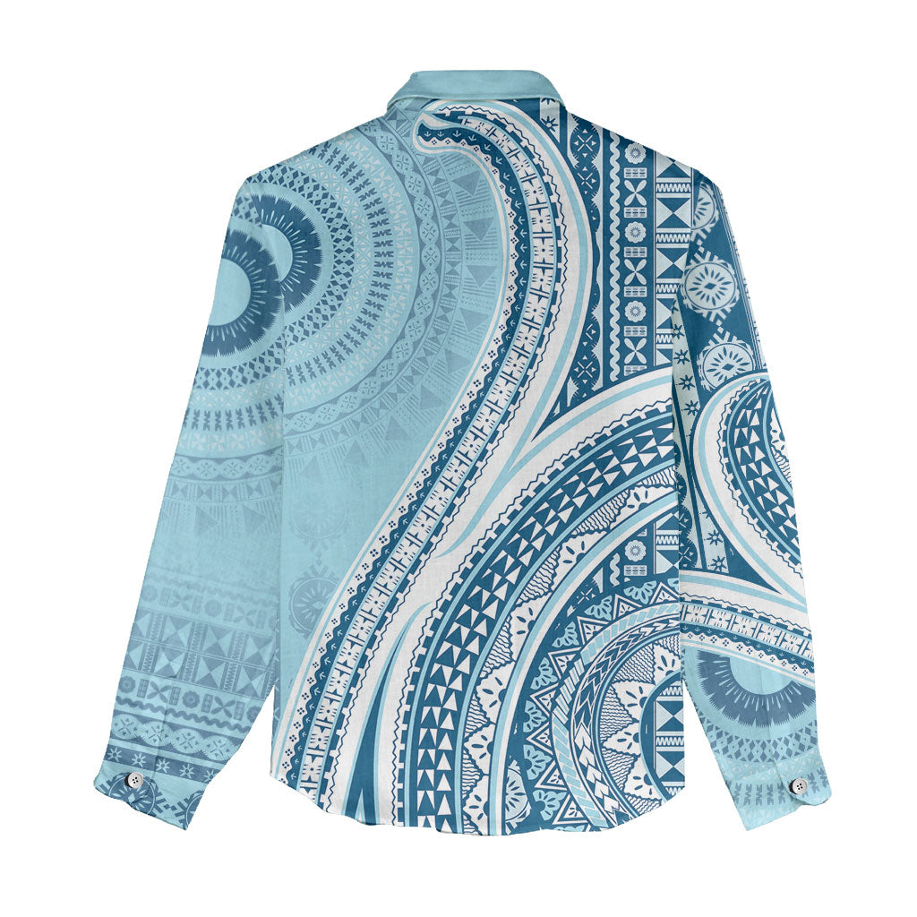 Bula Fiji Vintage Tapa Women Casual Shirt Kaivity Masi Wave Motifs - Turquoise