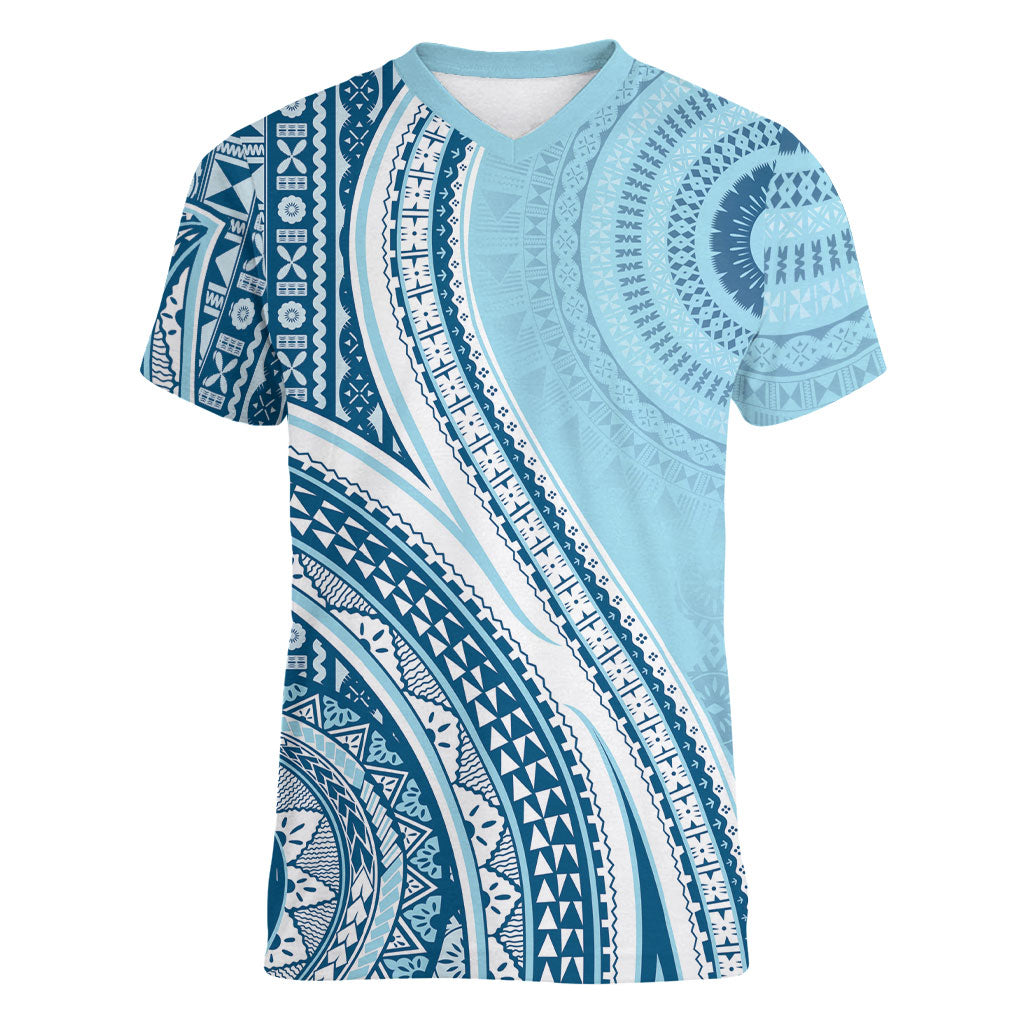 Bula Fiji Vintage Tapa Women V-Neck T-Shirt Kaivity Masi Wave Motifs - Turquoise