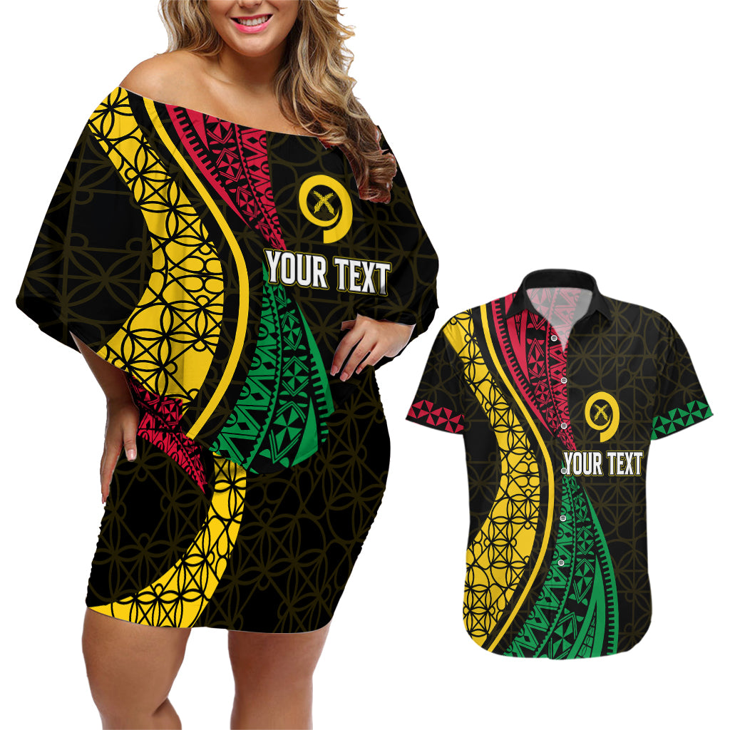 Personalised Vanuatu Couples Matching Off Shoulder Short Dress and Hawaiian Shirt Melanesian Sand Drawing Mixed - Ni Van and Proud LT7 Black - Polynesian Pride