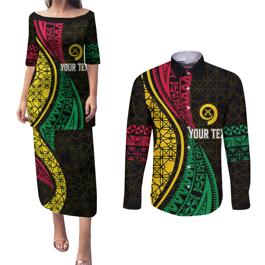 Personalised Vanuatu Couples Matching Puletasi Dress and Long Sleeve Button Shirts Melanesian Sand Drawing Mixed - Ni Van and Proud LT7 Black - Polynesian Pride