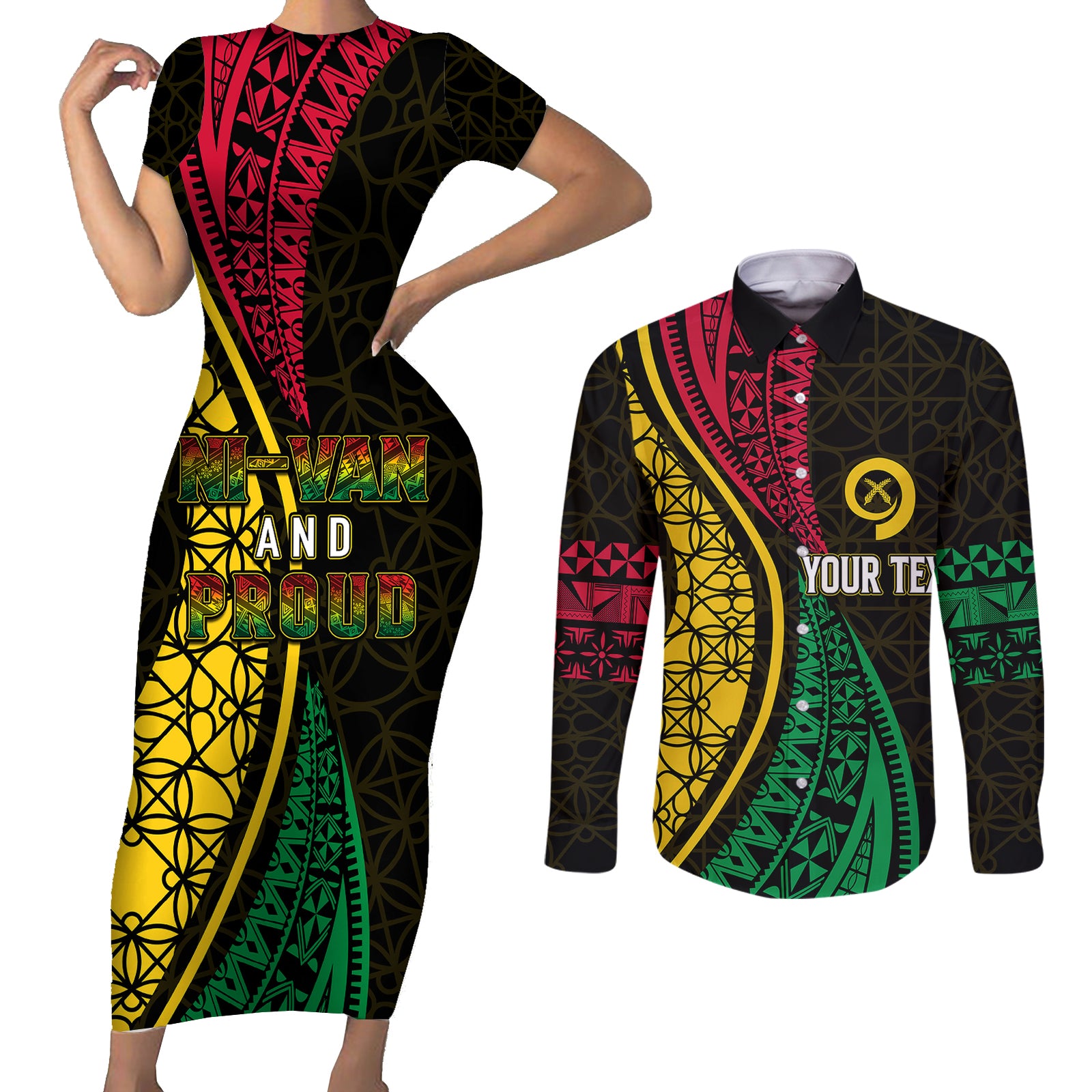 Personalised Vanuatu Couples Matching Short Sleeve Bodycon Dress and Long Sleeve Button Shirts Melanesian Sand Drawing Mixed - Ni Van and Proud LT7 Black - Polynesian Pride
