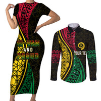 Personalised Vanuatu Couples Matching Short Sleeve Bodycon Dress and Long Sleeve Button Shirts Melanesian Sand Drawing Mixed - Ni Van and Proud LT7 Black - Polynesian Pride