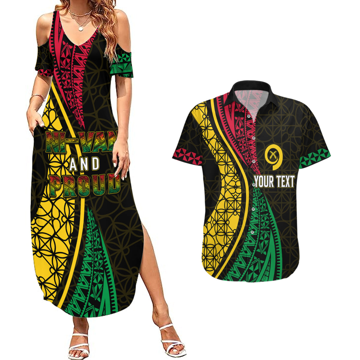 Personalised Vanuatu Couples Matching Summer Maxi Dress and Hawaiian Shirt Melanesian Sand Drawing Mixed - Ni Van and Proud LT7 Black - Polynesian Pride