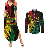 Personalised Vanuatu Couples Matching Summer Maxi Dress and Long Sleeve Button Shirts Melanesian Sand Drawing Mixed - Ni Van and Proud LT7 Black - Polynesian Pride