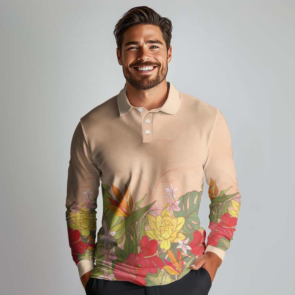Mahalo Hawaii - Ka Pule a ka Haku Long Sleeve Polo Shirt Tropical Flowers LT7 - Polynesian Pride