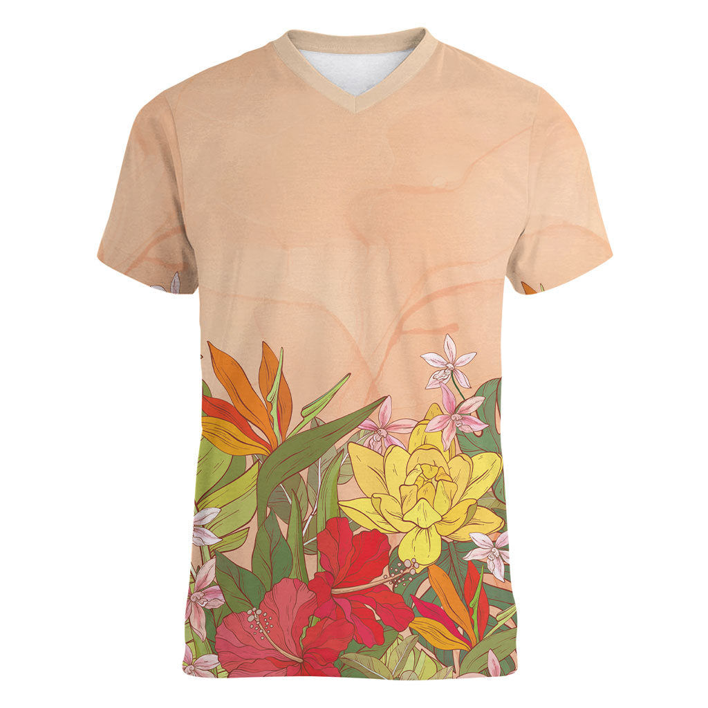 Mahalo Hawaii - Ka Pule a ka Haku Women V-Neck T-Shirt Tropical Flowers LT7 Female Coral Pink - Polynesian Pride
