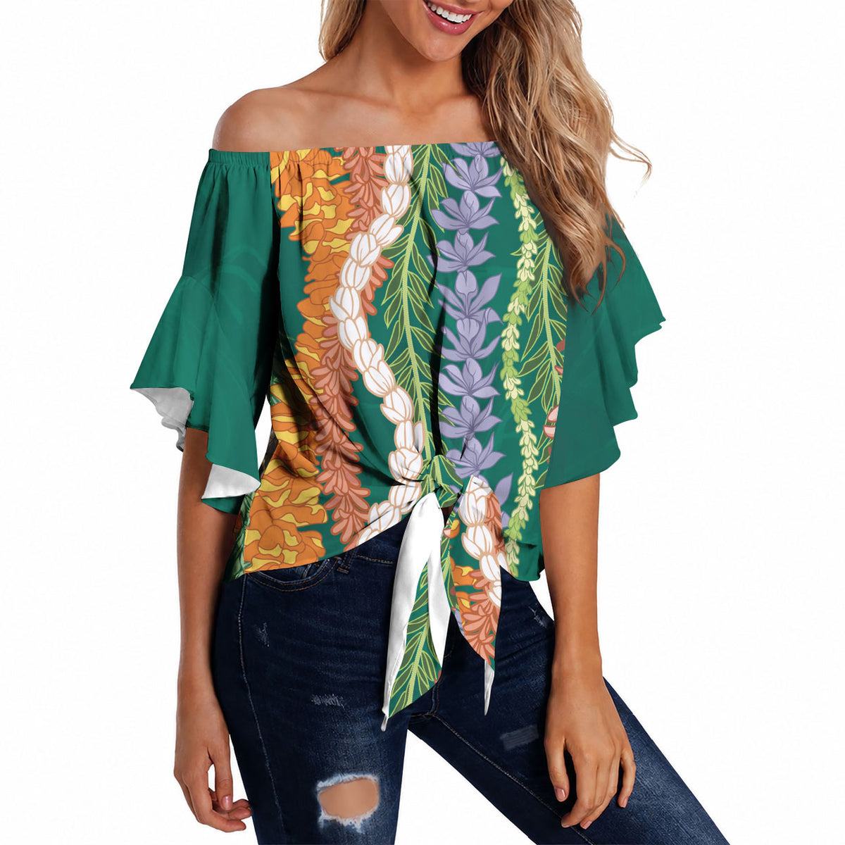 Mahalo Hawaii - Ka Pule a ka Haku Off Shoulder Wrap Waist Top Mixed Lei LT7 Sage Green - Polynesian Pride