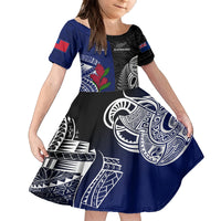 Personalised New Zealand Vs Samoa Rugby Family Matching Off Shoulder Long Sleeve Dress and Hawaiian Shirt Go Champions LT7 Daughter's Dress Black Blue - Polynesian Pride