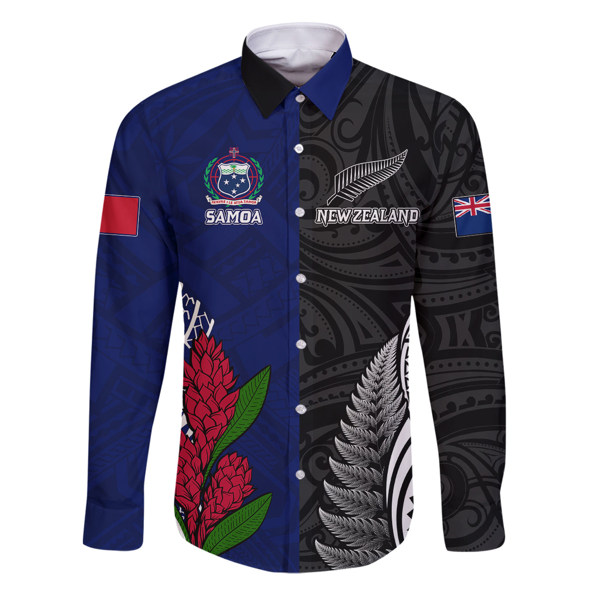 Personalised New Zealand Vs Samoa Rugby Family Matching Off Shoulder Maxi Dress and Hawaiian Shirt Go Champions LT7 Dad's Shirt - Long Sleeve Black Blue - Polynesian Pride