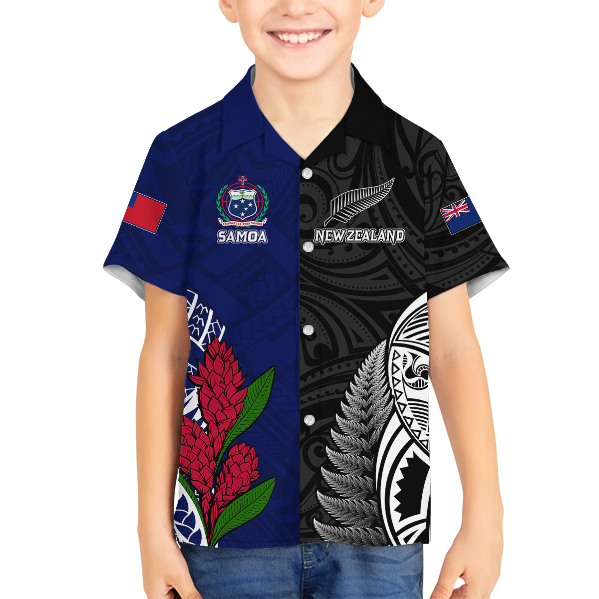 Personalised New Zealand Vs Samoa Rugby Family Matching Off Shoulder Maxi Dress and Hawaiian Shirt Go Champions LT7 Son's Shirt Black Blue - Polynesian Pride
