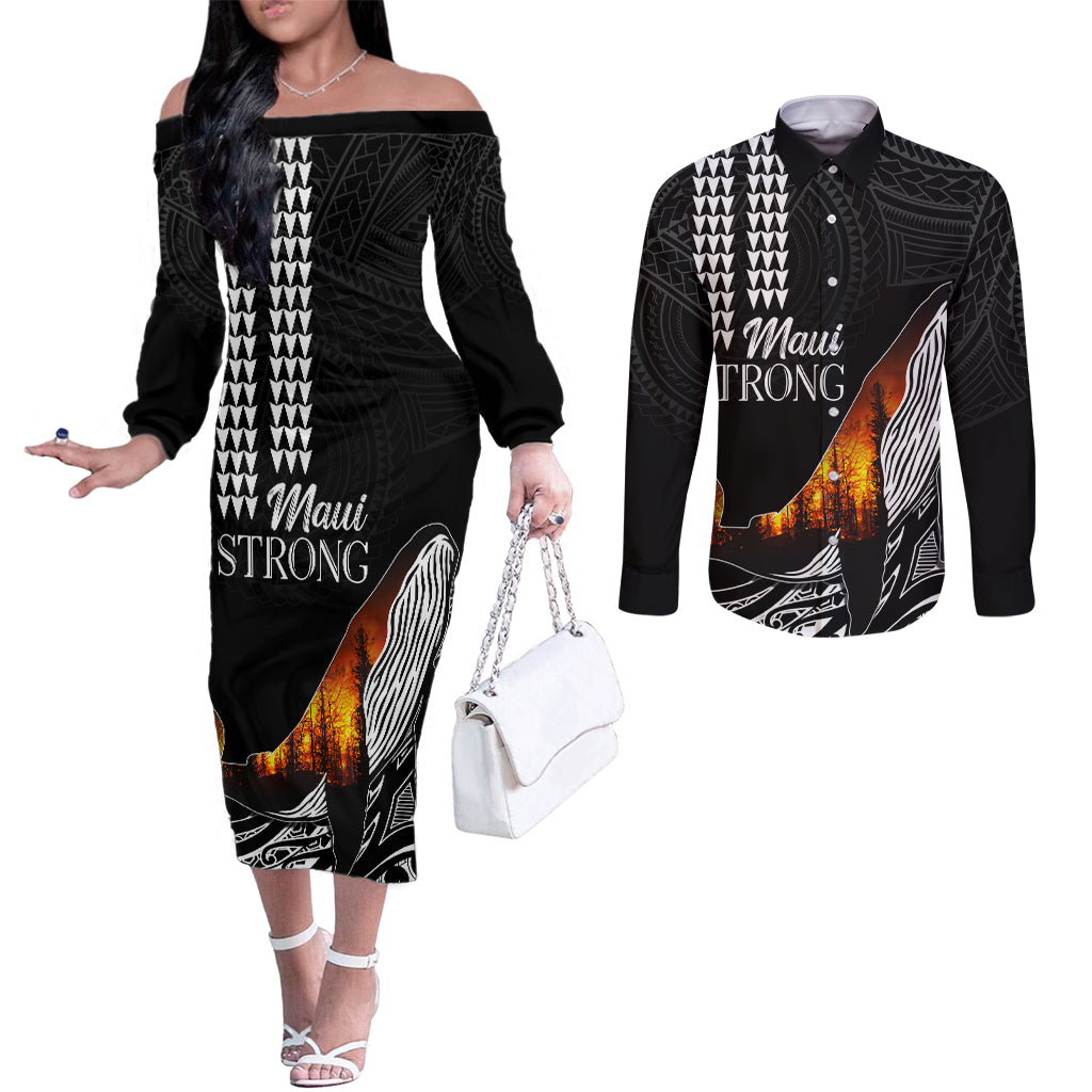 Hawaii Humpback Whale Couples Matching Off The Shoulder Long Sleeve Dress and Long Sleeve Button Shirts Be Strong - Pray For Maui LT7 Black - Polynesian Pride
