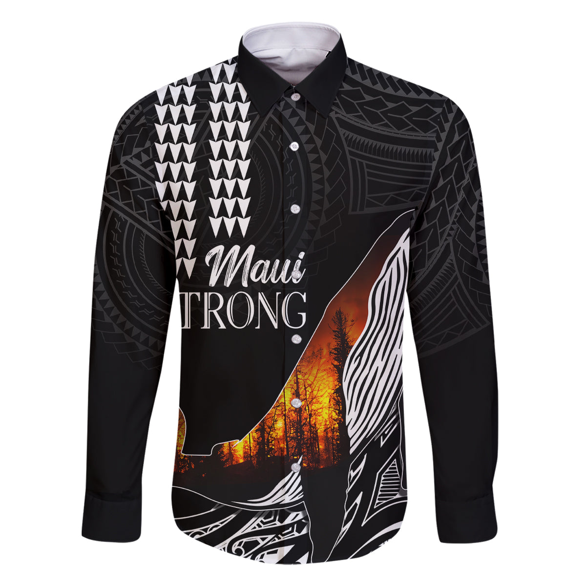 Hawaii Humpback Whale Family Matching Long Sleeve Bodycon Dress and Hawaiian Shirt Be Strong - Pray For Maui LT7 Dad's Shirt - Long Sleeve Black - Polynesian Pride