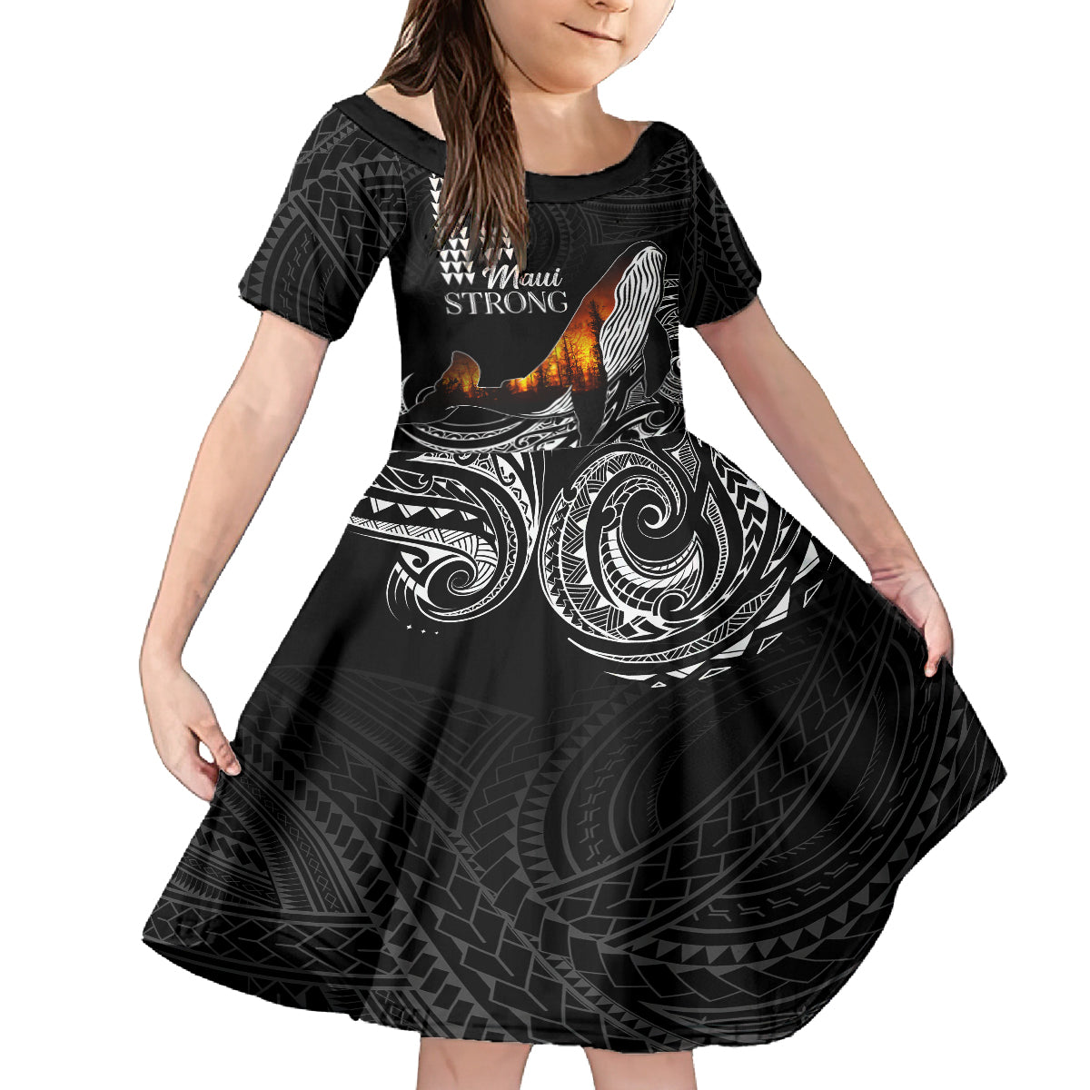 Hawaii Humpback Whale Family Matching Off Shoulder Long Sleeve Dress and Hawaiian Shirt Be Strong - Pray For Maui LT7 Daughter's Dress Black - Polynesian Pride