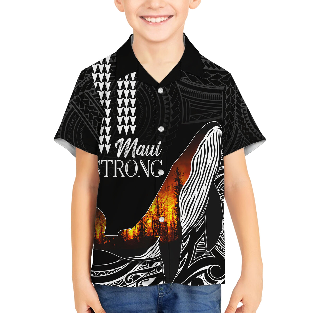 Hawaii Humpback Whale Family Matching Off Shoulder Maxi Dress and Hawaiian Shirt Be Strong - Pray For Maui LT7 Son's Shirt Black - Polynesian Pride