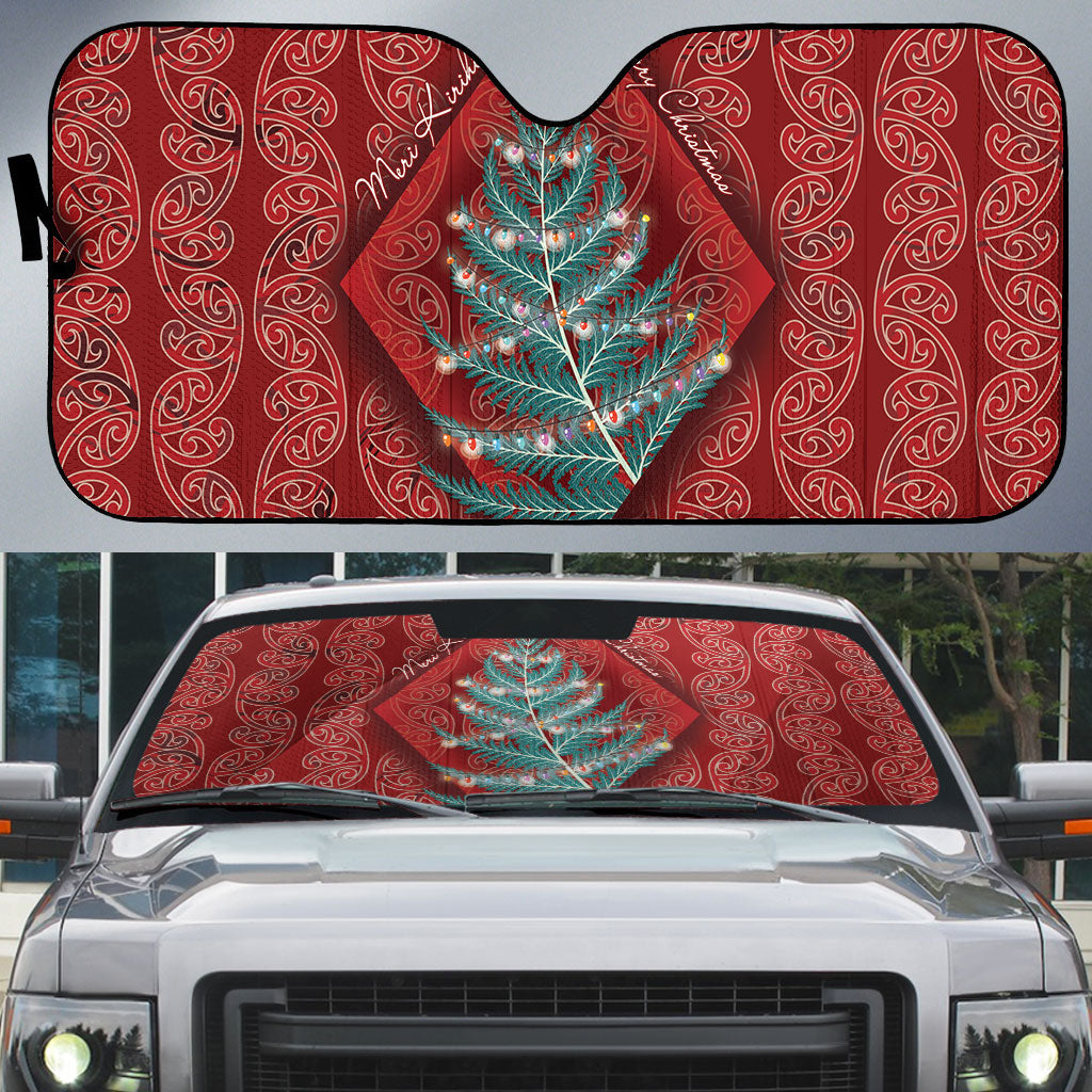 Aotearoa Maori Mangopare Meri Kirihimete Auto Sun Shade Christmas Fern LT7 Red - Polynesian Pride