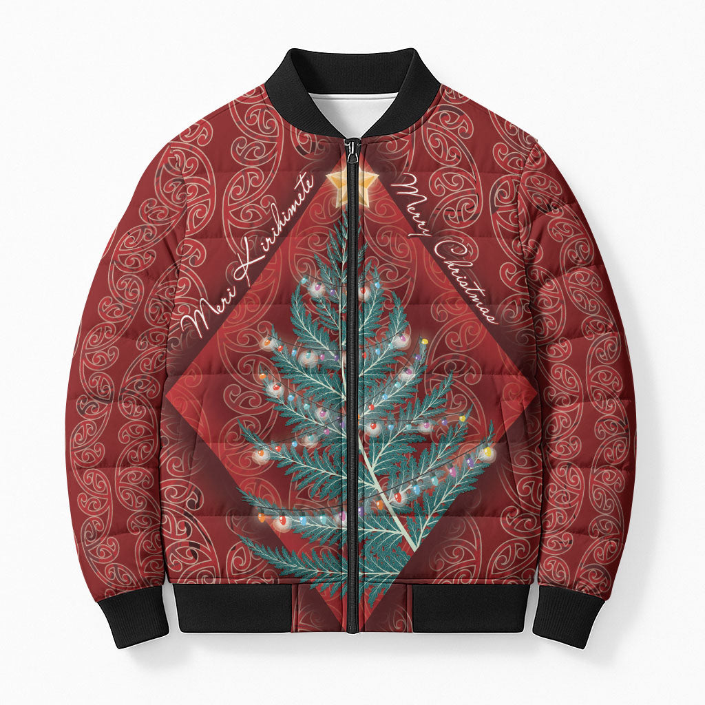 Aotearoa Maori Mangopare Meri Kirihimete Bomber Puffer Jacket Christmas Fern LT7 Unisex Red - Polynesian Pride