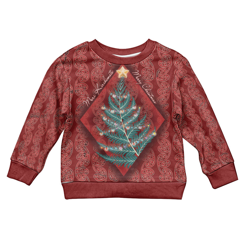Aotearoa Maori Mangopare Meri Kirihimete Kid Ugly Christmas Sweater Christmas Fern LT7 Kid Red - Polynesian Pride