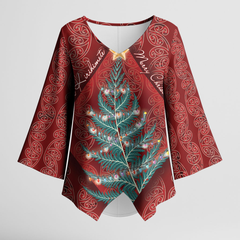 Aotearoa Maori Mangopare Meri Kirihimete Kimono Sleeve Blouse Christmas Fern LT7 Female Red - Polynesian Pride