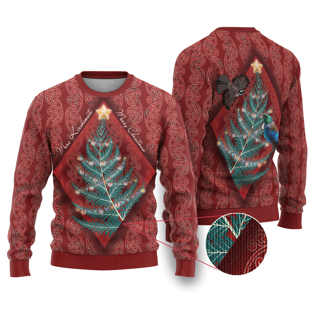 Aotearoa Maori Mangopare Meri Kirihimete Ugly Christmas Sweater Christmas Fern LT7 Red - Polynesian Pride