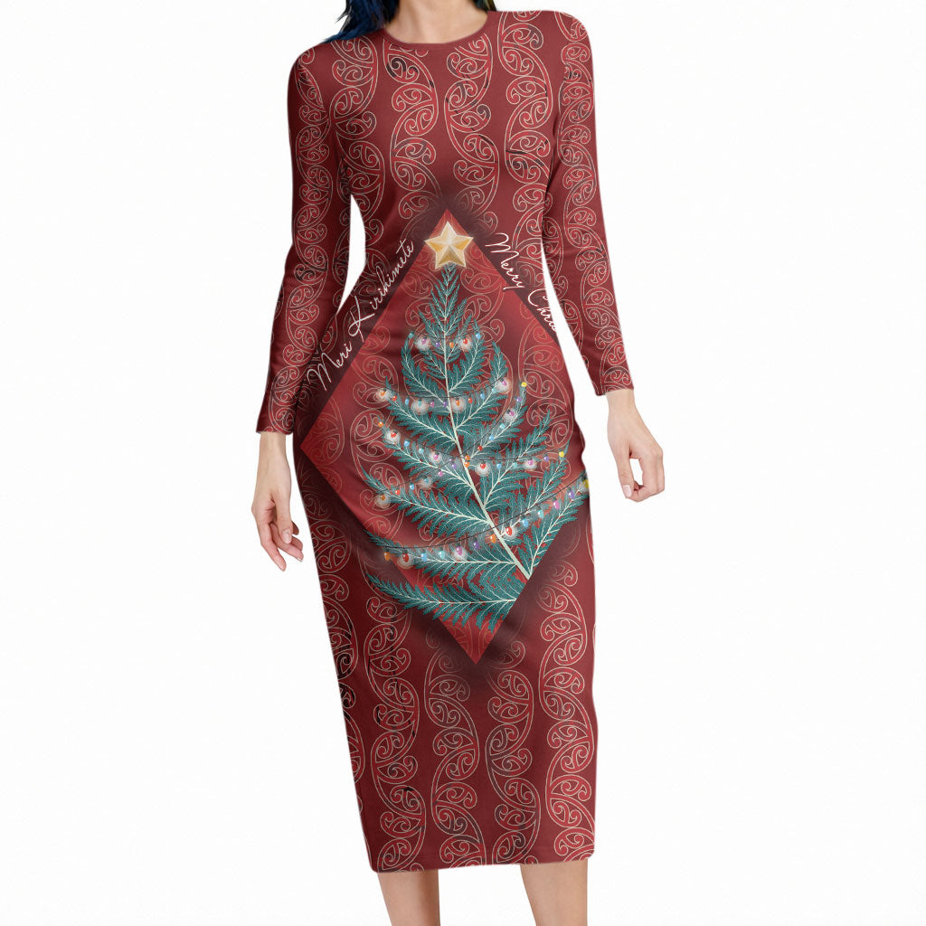 Aotearoa Maori Mangopare Meri Kirihimete Long Sleeve Bodycon Dress Christmas Fern LT7 Long Dress Red - Polynesian Pride