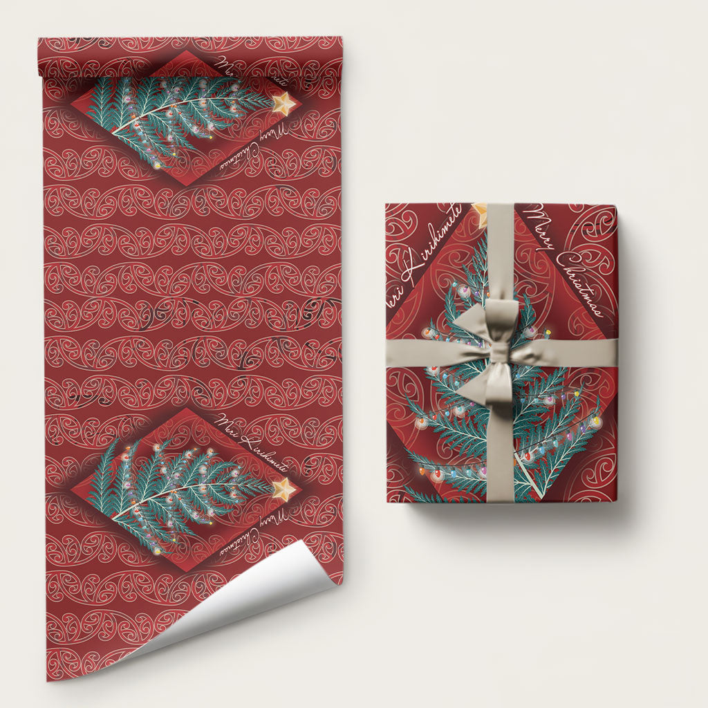 Aotearoa Maori Mangopare Meri Kirihimete Wrapping Paper Christmas Fern LT7 58" × 23" Red - Polynesian Pride
