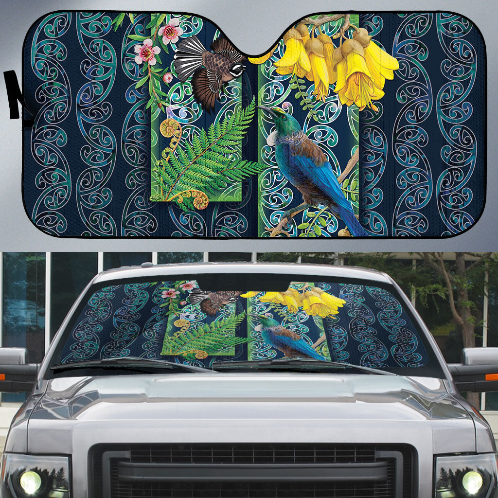 Aotearoa Maori Mangopare Christmas Auto Sun Shade Pikawakawa and Tui LT7 Dark Blue - Polynesian Pride