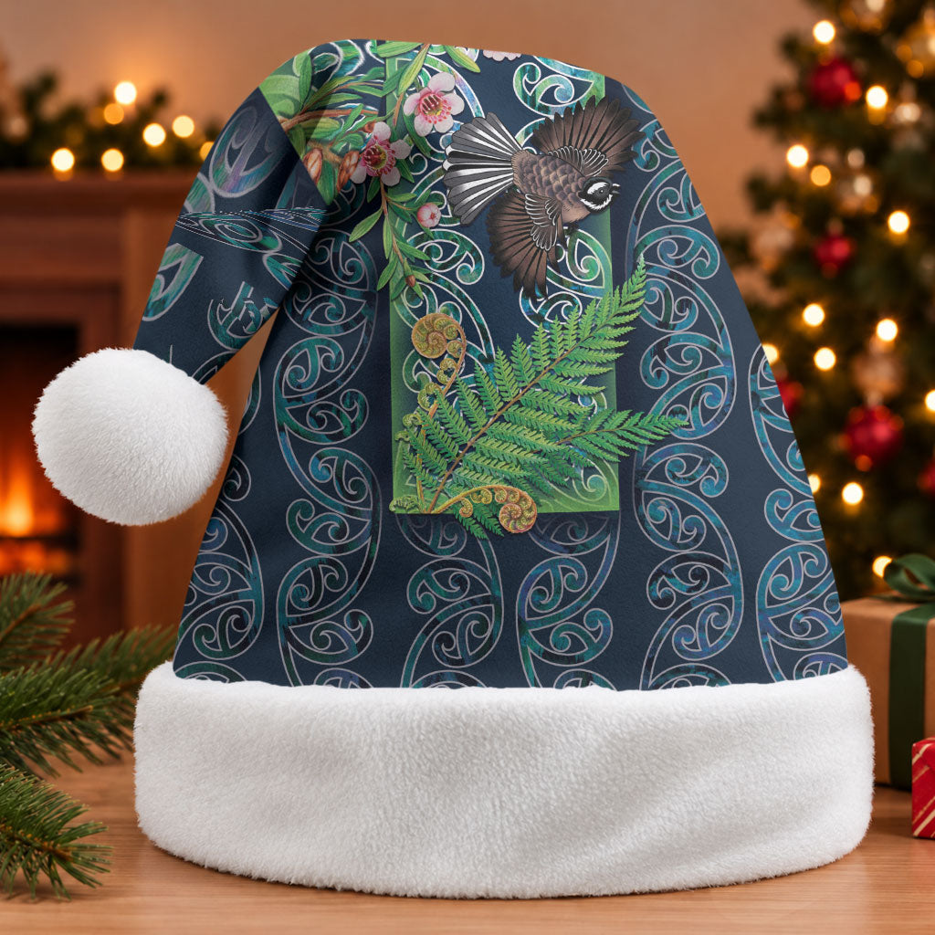 Aotearoa Maori Mangopare Christmas Santa Hat Pikawakawa and Tui LT7 Without Fur Dark Blue - Polynesian Pride