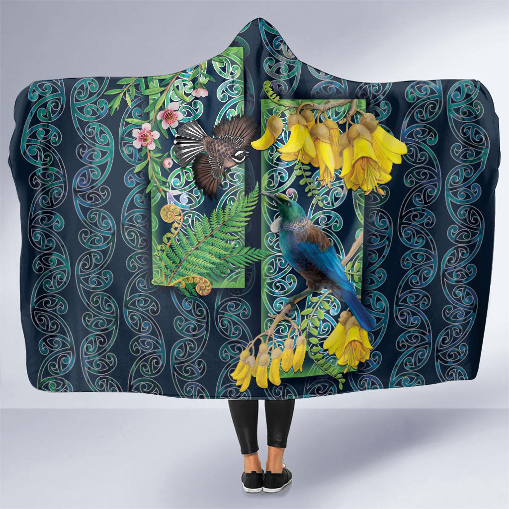Aotearoa Maori Mangopare Christmas Hooded Blanket Pikawakawa and Tui LT7 One Size Dark Blue - Polynesian Pride