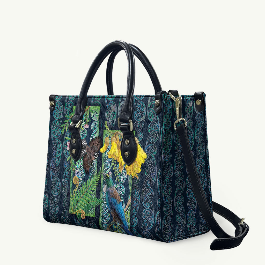 Aotearoa Maori Mangopare Christmas Leather Bag Pikawakawa and Tui LT7 Dark Blue - Polynesian Pride