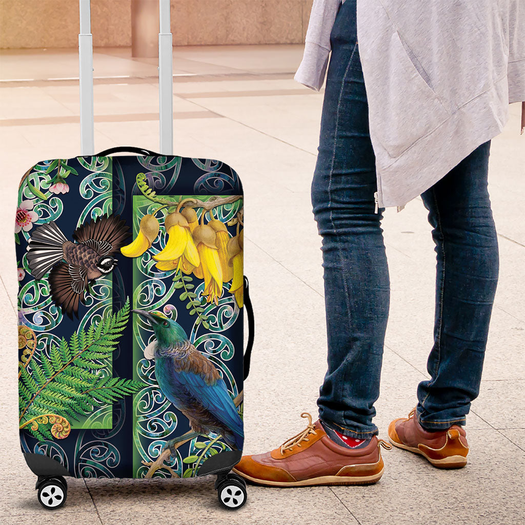 Aotearoa Maori Mangopare Christmas Luggage Cover Pikawakawa and Tui LT7 Dark Blue - Polynesian Pride