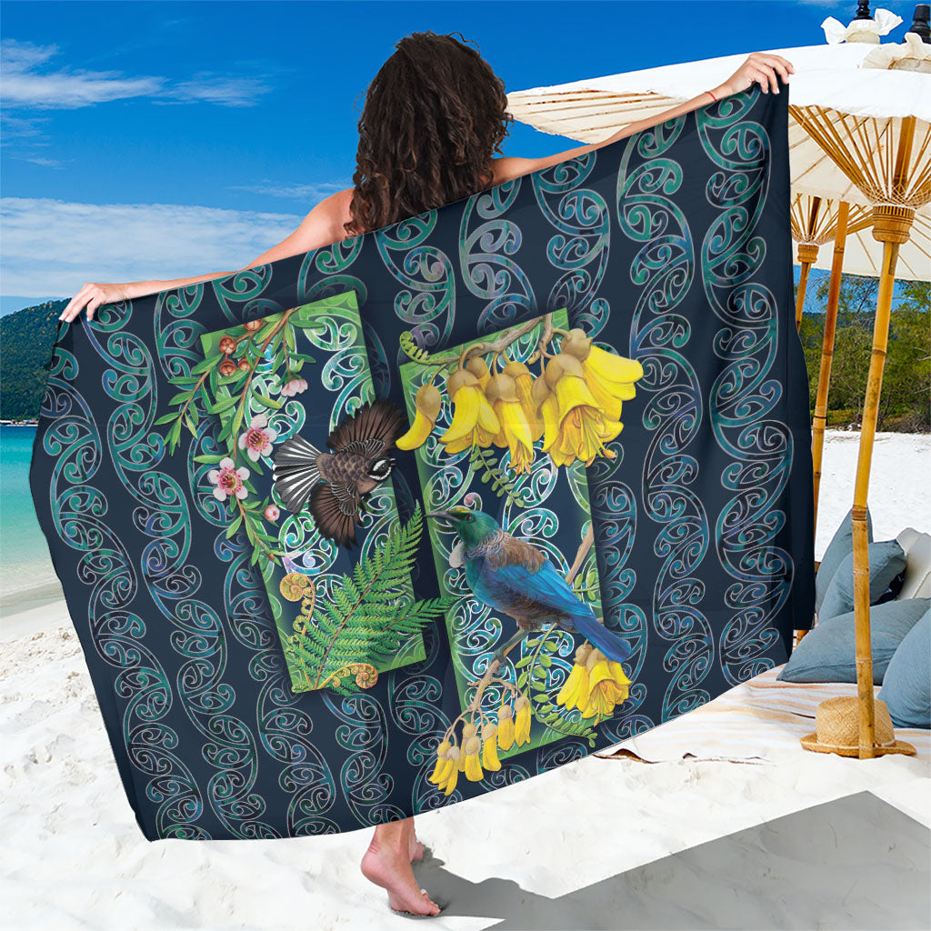 Aotearoa Maori Mangopare Christmas Sarong Pikawakawa and Tui LT7 One Size 44 x 66 inches Dark Blue - Polynesian Pride