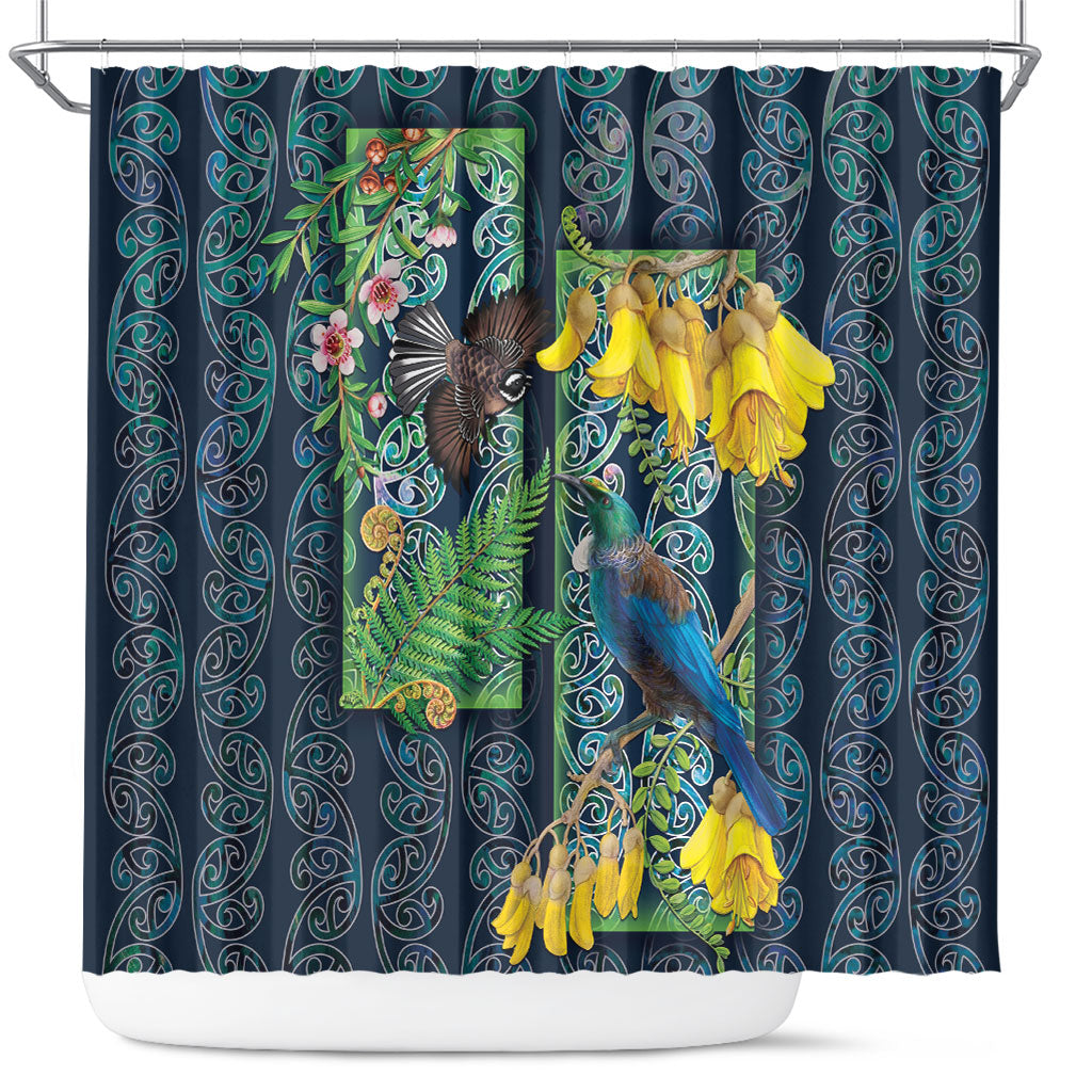 Aotearoa Maori Mangopare Christmas Shower Curtain Pikawakawa and Tui LT7 Dark Blue - Polynesian Pride