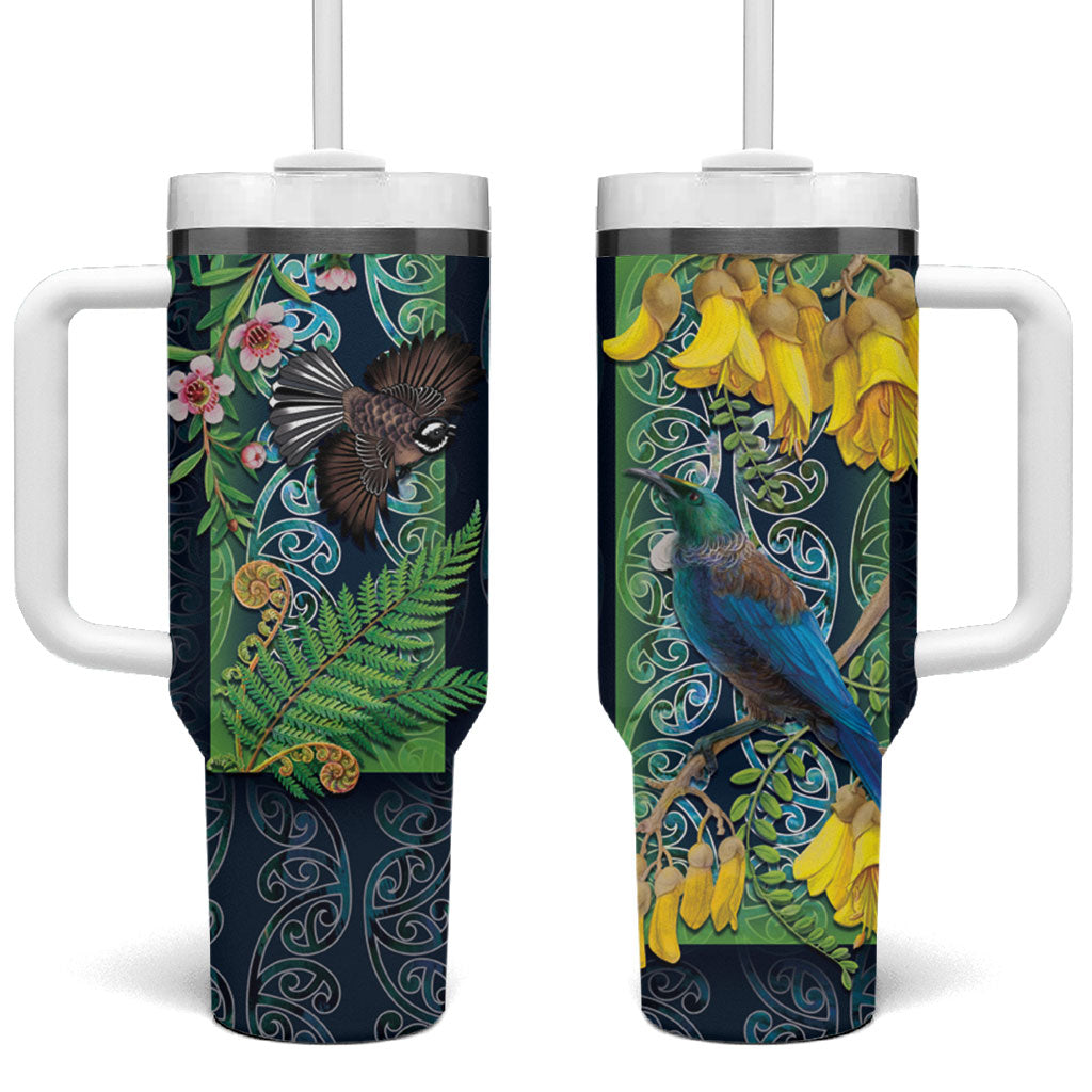 Aotearoa Maori Mangopare Christmas Tumbler With Handle Pikawakawa and Tui LT7 One Size: 40 oz Dark Blue - Polynesian Pride